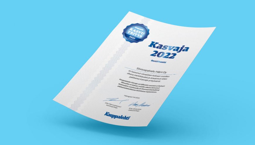 Siivouspalvelu H&H:lle Kauppalehden Kasvaja- sertifikaatti